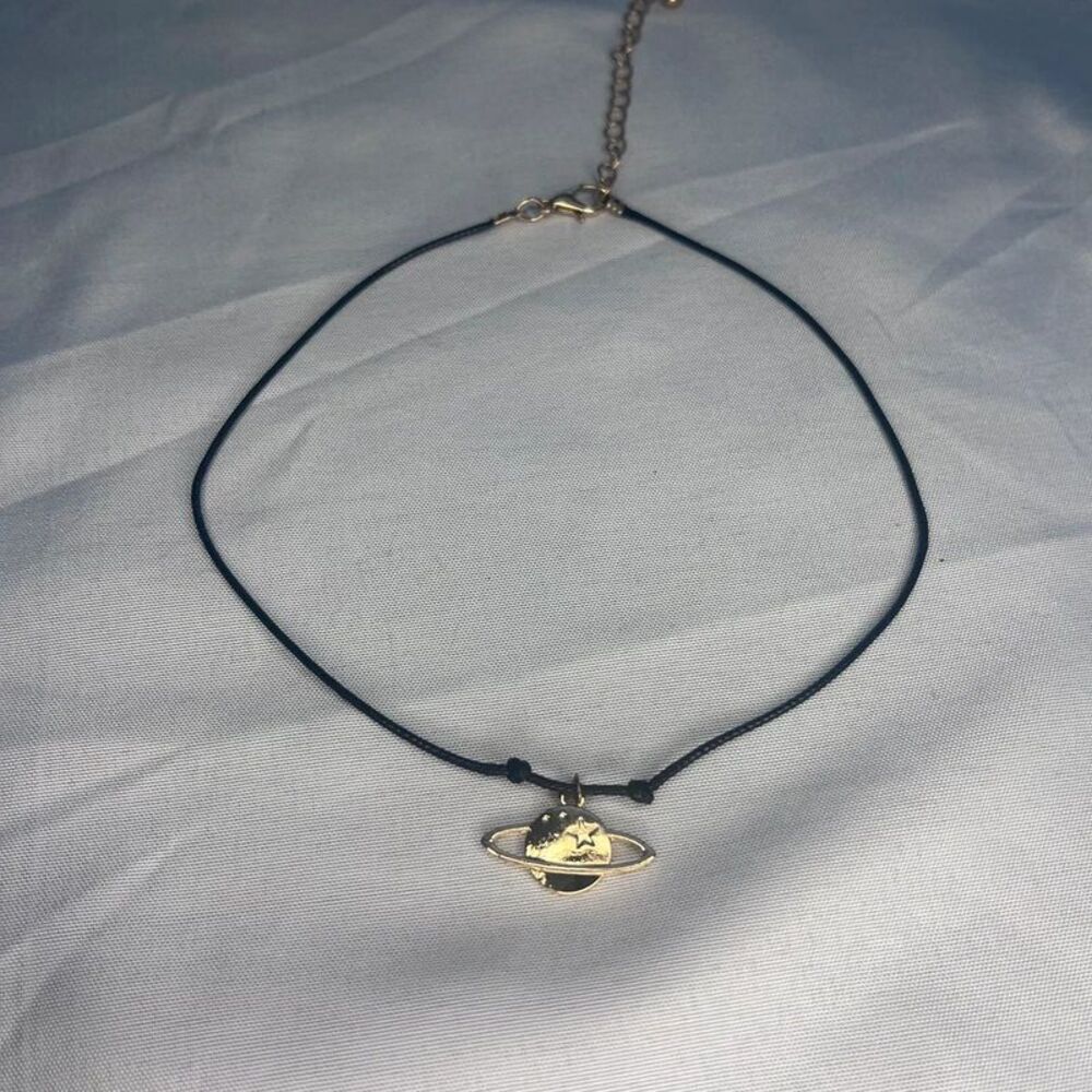 Gold Planet Saturn Pendant Black Choker Necklace